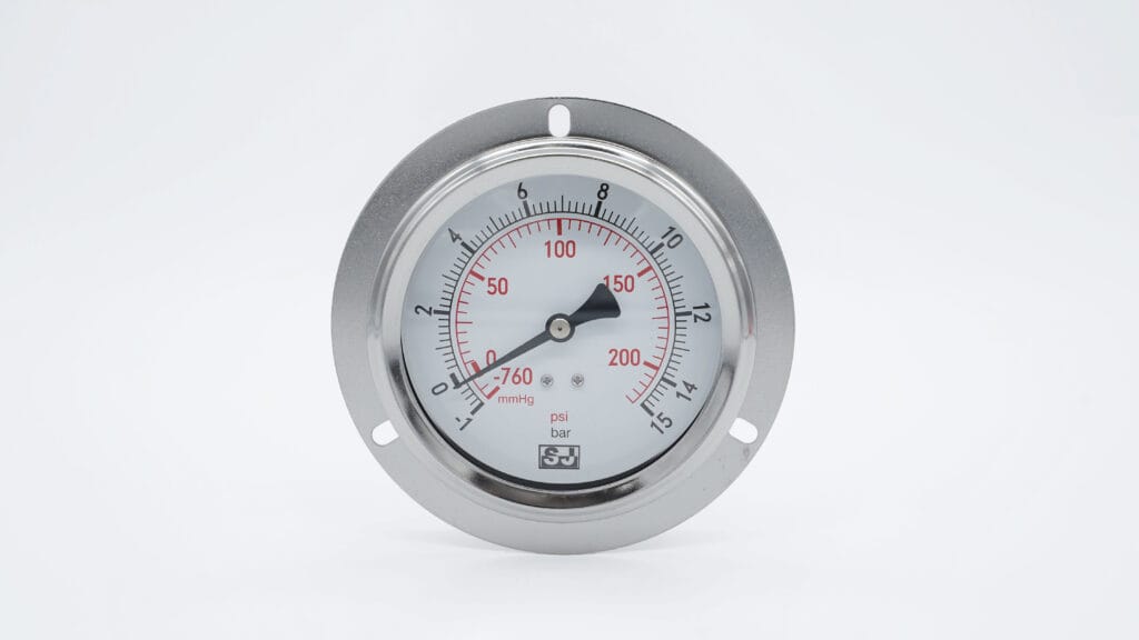 4-inch flanged compound pressure gauge for measuring both positive and vacuum pressure.