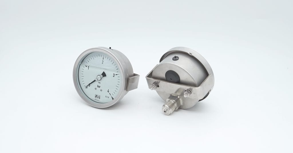 Welded safety gauge with blowout back for security