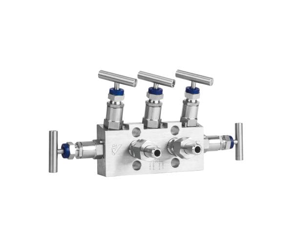 Rear view of the SJ Gauge MSFZ50 five-valve manifold