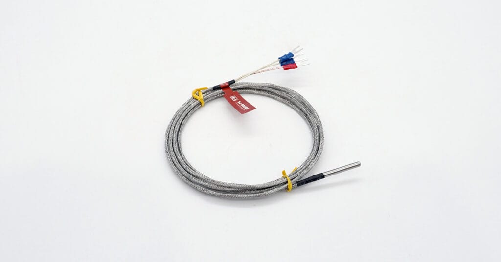This PT1000 RTD features fiberglass insulation and stainless steel braiding for high-temp EMI protection