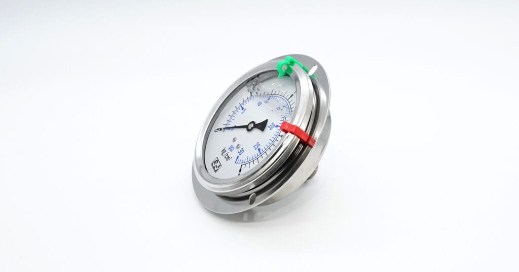 Flush-mount differential pressure gauge with front flange, 1/4" PT connection, and red/green set pointers
