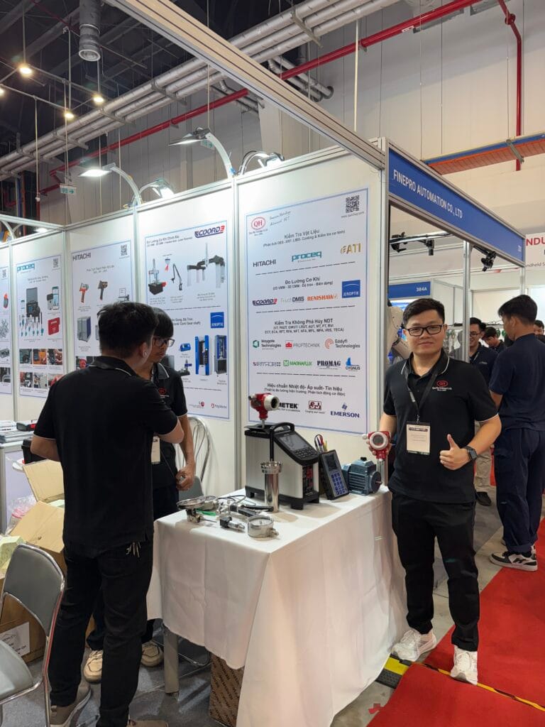 SJ Gauge NDT and metrology exhibition booth display with industrial measurement products