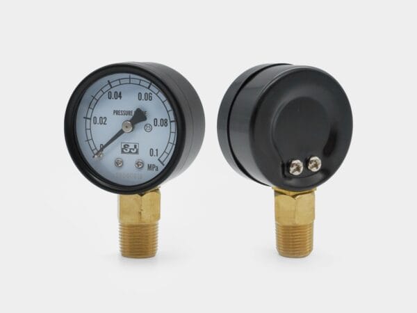 PRI black steel case low-pressure gauge – front and rear views
