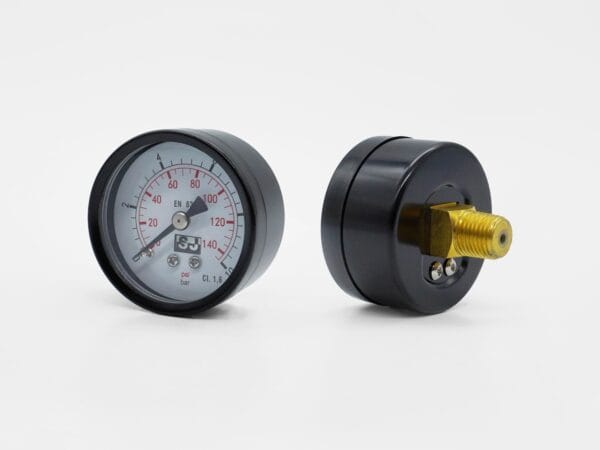 PRI black steel case pressure gauge – front and rear product views