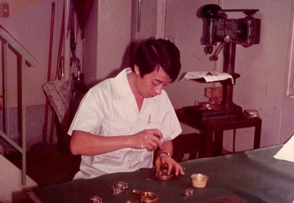 Precision component assembly during training in Osaka, Japan, 1984